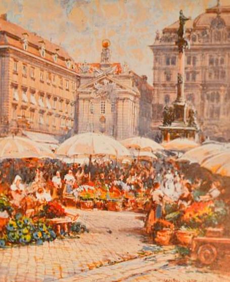 Friedrich Frank, um 1910 - Der Blumenmarkt am Hof mit der Mariensaule und dem Burgerlichen Zeughaus